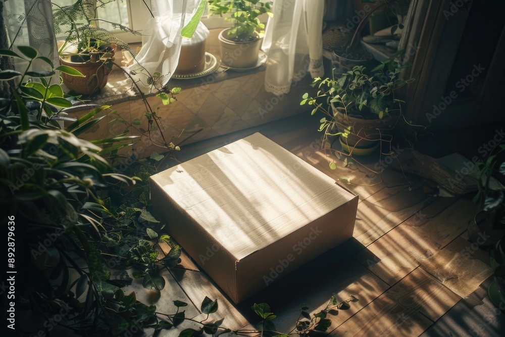 Poster A box sits on the floor in front of a window, providing a simple and straightforward scene