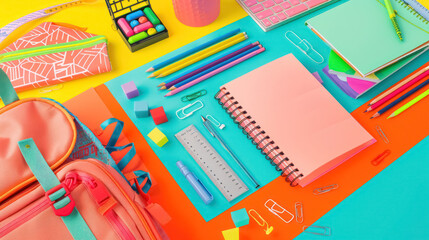 Vibrant School Supplies Arrangement on Multicolored Background