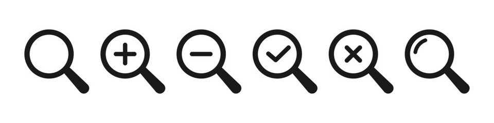 Obraz premium Search icon. Magnifying glass with plus, minus and check mark symbol. Vector