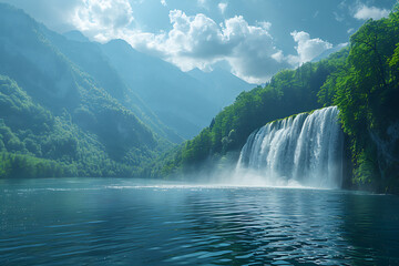 Fototapeta premium Hydropower plants utilizing flowing water to generate renewable electricity, reducing carbon emissions and supporting sustainable energy