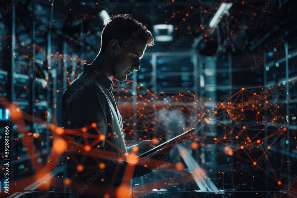 Poster a person examining their phone in a server room setting