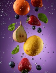 pluie de plusieurs fruits orange, citron, fraise, poire, pomme sur fond violet en ia, 
