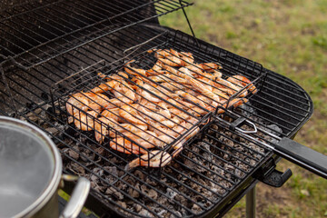 Shrimp on grill. Shrimp on coals. Marinated shrimp on grill