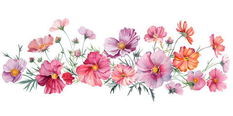 Cosmos wreath flowers, clipart set, illustration in watercolor style isolated on transparent background for wedding invitation, postcard design, scrapbooking, greeting cards. PNG, cutout.