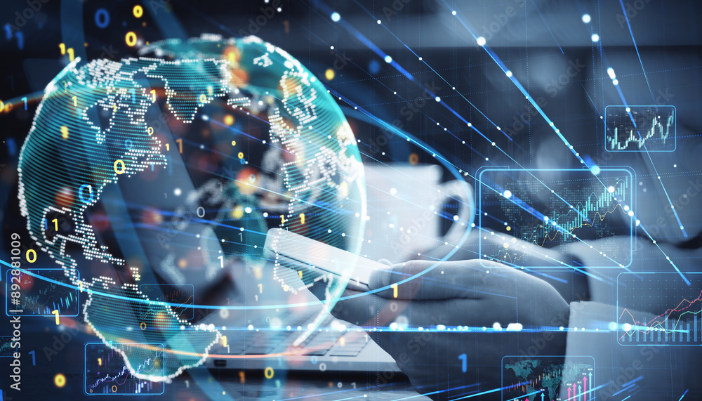 Poster Close up of male hands using laptop and smartphone with coffee cup and creative binary coding globe on blurry background. World map and global business technologies concept. Double exposure.