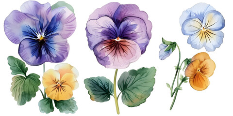 Viola, pansies flowers, clipart set, illustration in watercolor style isolated on transparent background for wedding invitation, postcard design, scrapbooking and greeting cards. PNG, cutout.