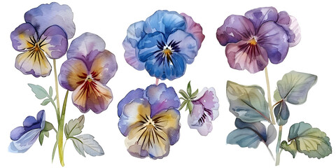 Viola, pansies flowers, clipart set, illustration in watercolor style isolated on transparent background for wedding invitation, postcard design, scrapbooking and greeting cards. PNG, cutout.
