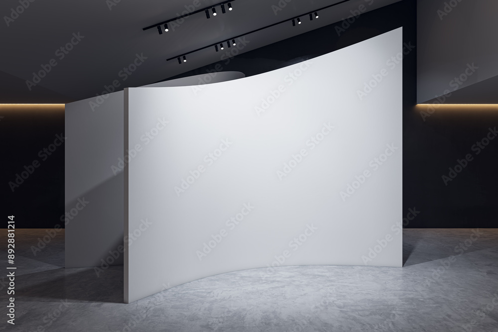 Aufkleber Modern concrete gallery interior with shaped wall and empty mock up place. 3D Rendering.