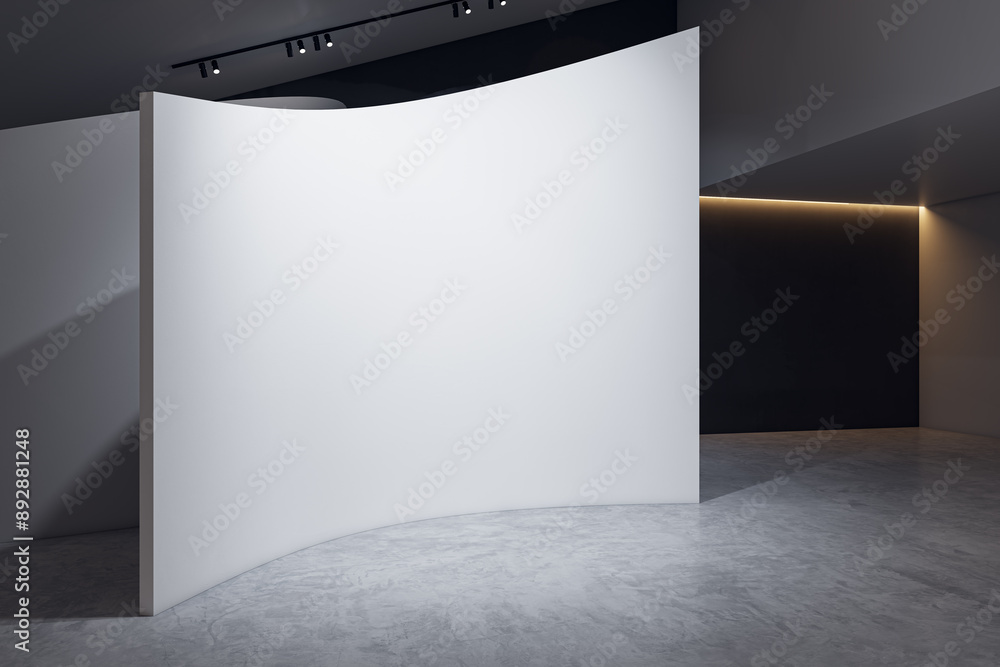 Poster contemporary concrete gallery interior with shaped wall and empty mock up place. 3d rendering.