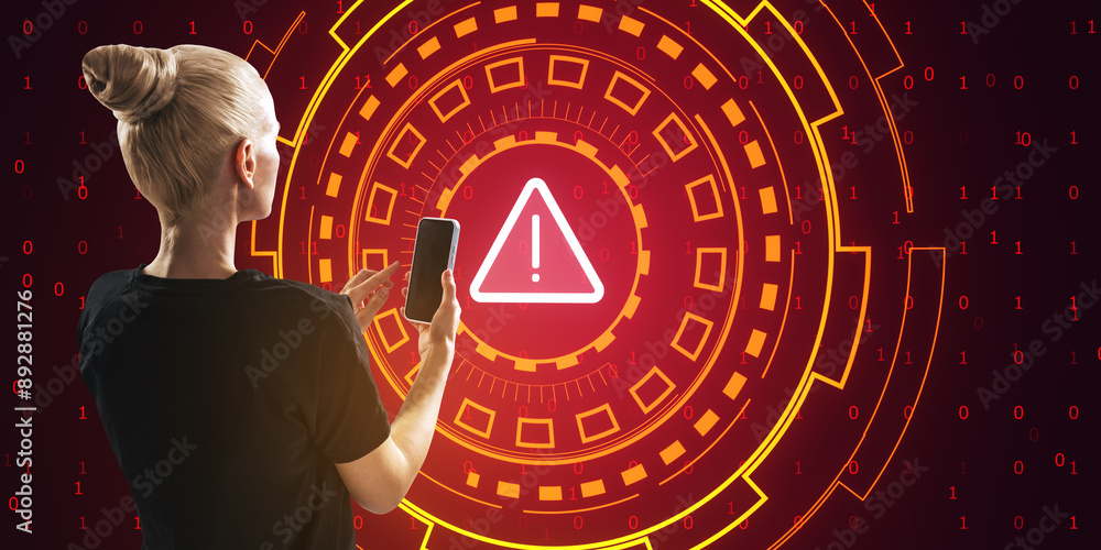 Aufkleber Back view of young woman with cellphone looking at red warning hologram on digital background. Virus and hacker attack concept.