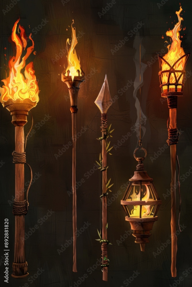 Poster a group of torches shining brightly, perfect for use in dark scenes or as a symbol of guidance