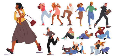 Diverse Group Of People Expressing Fear And Anxiety In Various Situations. Includes Men And Women Reacting With Terror