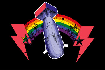 T-shirt design of an atomic bomb next to two thunderbolts symbols and a large rainbow. Gay pride against war.