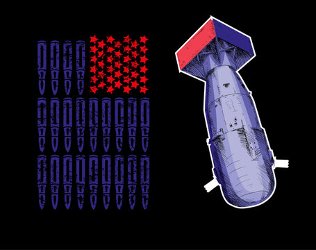 T-shirt design of an atomic bomb next to a US flag made up of projectiles and stars on a black background.