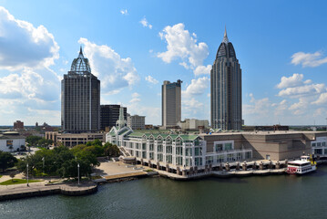 Downtown of Mobile, Alabama, USA and city docks as seeing from port harbour