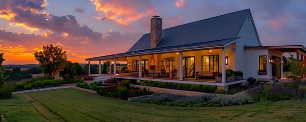 Evening drone angle of a contemporary farmhouse with a porch and meticulously maintained garden, under a richly colored sunset sky. The scene is warm and inviting.
