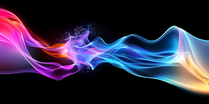 Abstract neon waves flow dynamically against a vantablack background, creating a vibrant and luminous effect. Futuristic design concept.