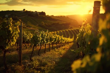 A serene vineyard landscape at sunset, perfect for travel or lifestyle stock