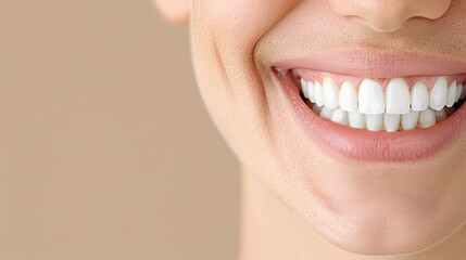 Obraz premium Happy Expression, Detailed view of a smiling mouth with perfect teeth, Subtle beige backdrop