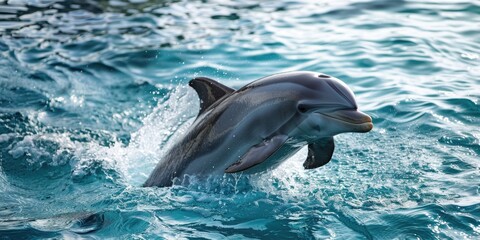 Fototapeta premium Dolphin Smiling. One White Mammal Jumping in Aquatic Ocean
