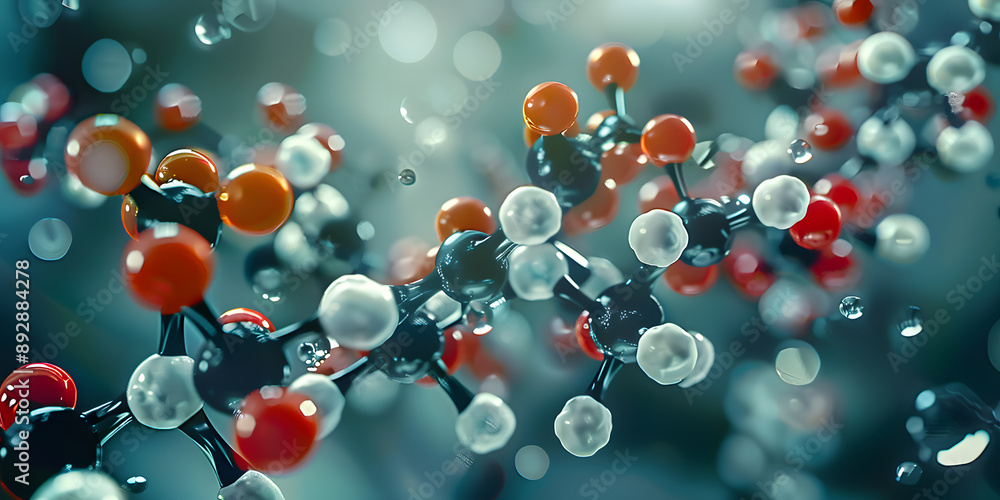 Poster visualizing the van der waals structure of tirzepatide molecule in a 3d model. concept 3d modeling, 