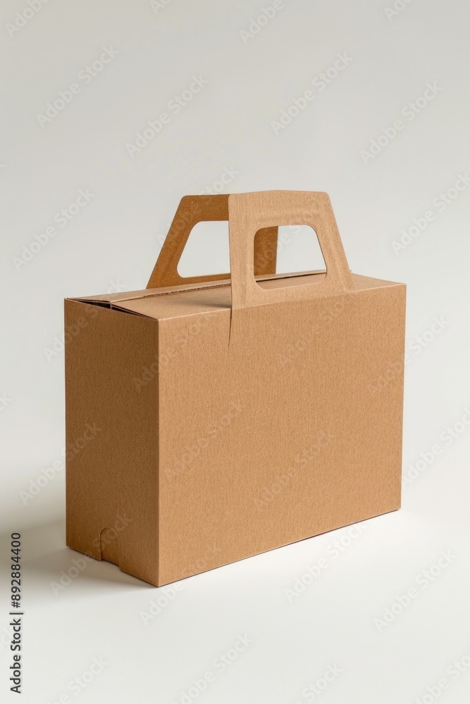 Poster A simple cardboard box with a handle on a white background, perfect for everyday use or as a prop in creative projects