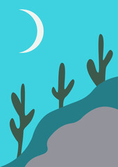 Desert landscape with cactus at night in boho style