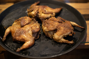 Fried chicken. Delicious meat. Cooked poultry.