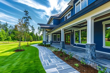 Full front view of a blue luxury home, newly constructed, with a manicured green lawn and a stone walkway leading to an elegant covered porch. High-definition capture.
