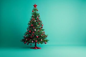 Christmas tree on turquoise background, minimalist style, simple design, isolated on single color background with copy space
