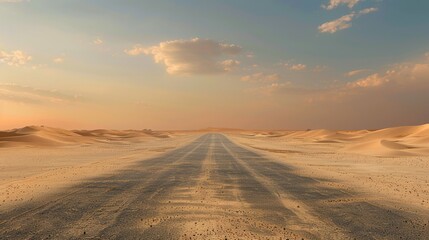Fototapeta na wymiar Highway in the desert, sand dunes, heatwaves, barren landscape
