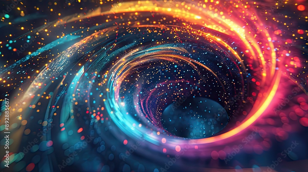 Poster a bright 3d background with swirling vortex of colorful lines and particles