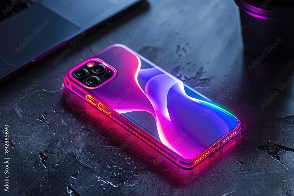 Poster a colorful phone case sits on a table, ready for use