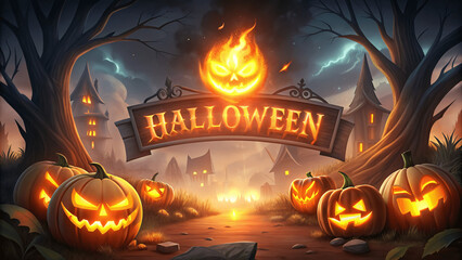 Halloween banner with glowing halloween text and spooky scarey pumpkins, horror house, wolf moon, bat tombstone