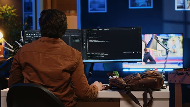 Remote software developer arriving in personal office at home, resuming work on javascript programming. IT engineer starting job shift in apartment, writing lines of code on computer