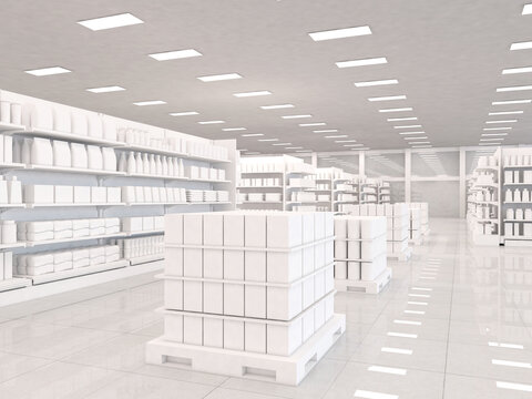 White supermarket interior with empty shelves and boxes on pallets. 3d rendering illustration