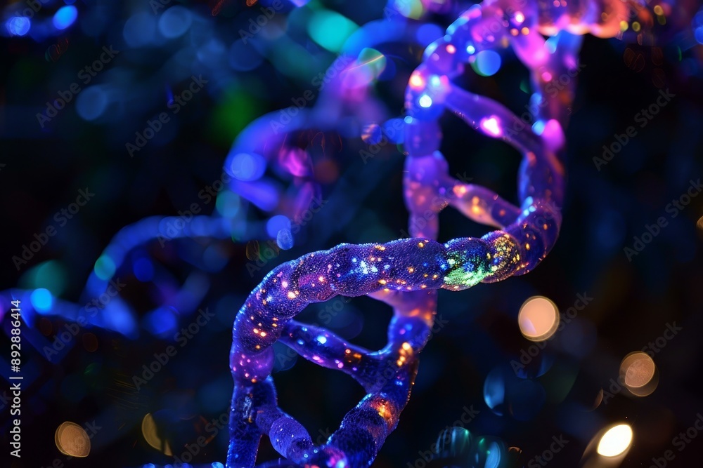 Poster vibrant, neonlit dna double helix shines brightly with a sparkling effect on a bokeh light backdrop