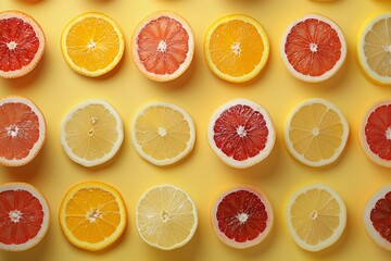 Fresh orange fruit slices background. Top view. Sliced orage banner. Sliced oranges background. Overal plan food photography.
