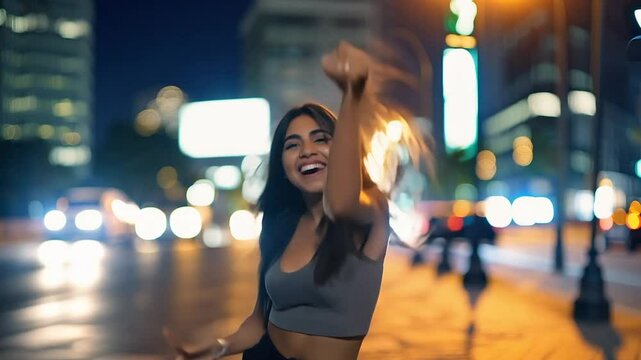 Young woman on a city street jumping screaming