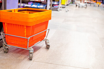 grocery cart near the self-service checkout in a supermarket