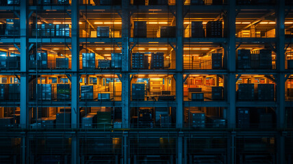 夕暮れ時の日本の物流倉庫