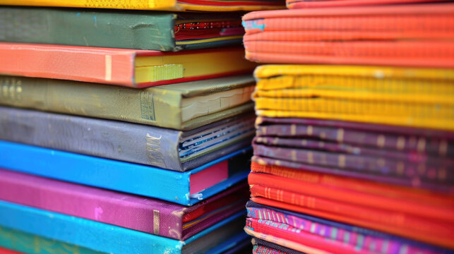 Close-up of a stack of colorful books with worn spines, hinting at their age and usage