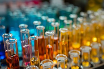 Closeup of vibrant test tubes filled with chemicals in a science laboratory