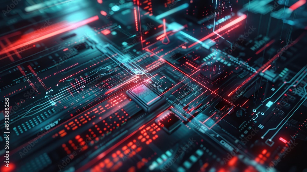 Poster A close-up of a computer circuit board with red and blue lights