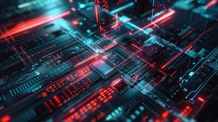 Fototapeta premium A close-up of a computer circuit board with red and blue lights
