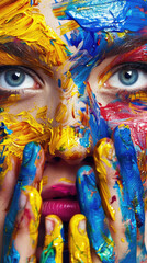 Obraz premium A woman with blue eyes has colorful paint smeared across her face and hands