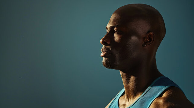 A bald black man stands in profile, looking away from the camera, wearing a blue tank top - Powered by Adobe