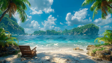 Fototapeta premium A beach chair by a serene tropical seaside with clear blue water, lush greenery, and a mountainous backdrop
