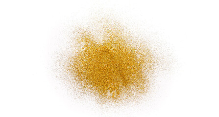Golden glitter sand texture handful spread on white, abstract background with copy space. Yellow dusty shimmer decoration pile, shiny and sparkling. Holidays and glamour concept.
