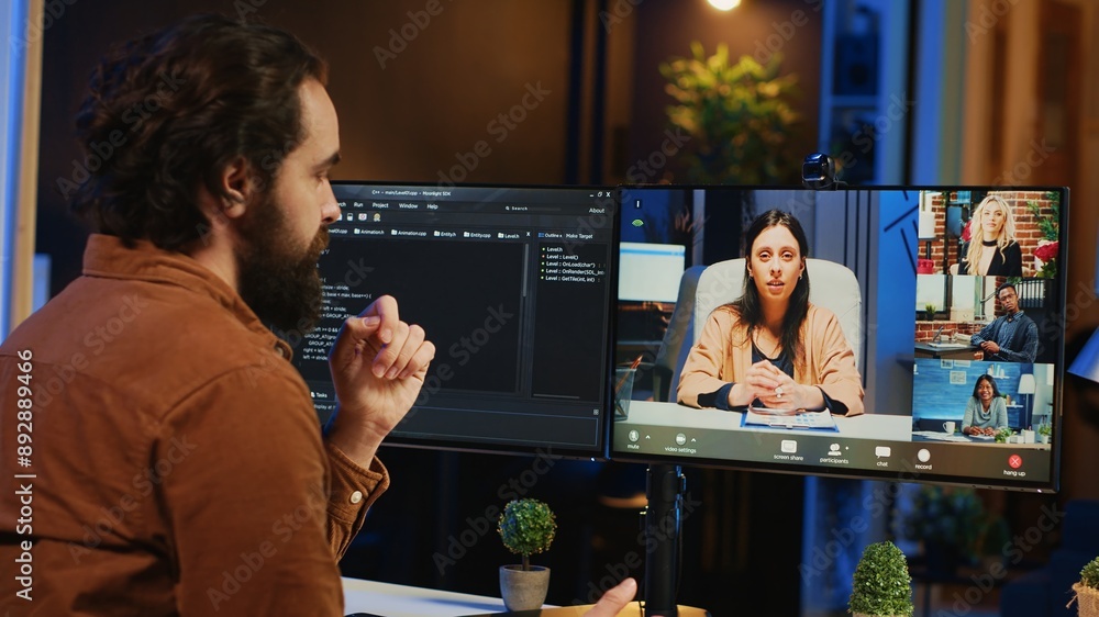 Poster teleworking computer scientist talking with multiethnic team during online videocall, discussing way